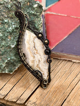 Load image into Gallery viewer, Artisan cab (positive rocks) white crazy lace agate with pyrite + onyx gem accents wire wrapped pendant necklace
