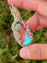 Load image into Gallery viewer, Angel aura quartz with pink agate + sea sediment jasper gem accents wire wrapped pendant necklace
