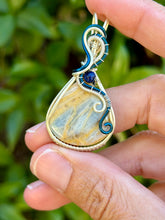Load image into Gallery viewer, Blue scheelite with lapis lazuli gem accents wire wrapped pendant necklace
