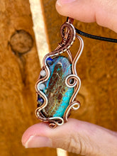 Load image into Gallery viewer, RESERVED FOR CHERI F DUO TONED WIRE Chrysocolla/Shattuckite with lapis lazuli + aquamarine inclusions wire wrapped pendent
