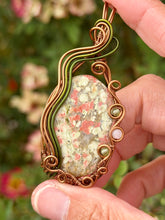 Load image into Gallery viewer, Unakite with rose quartz + peridot gem accent wire wrapped pendant necklace
