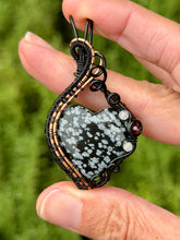 Load image into Gallery viewer, Snowflake obsidian with moonstone + garnet gem accents wire wrapped pendant necklace
