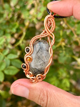 Load image into Gallery viewer, black tourmalinated quartz with tourmaline + carnelian inclusions wire wrapped pendant talisman necklace
