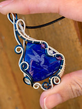 Load image into Gallery viewer, DUO TONED WIRE + DESIGNER CAB (etched by Marina Rabinskaya) Lapis lazuli with amethyst + aquamarine inclusions Wire wrapped pendant
