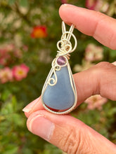 Load image into Gallery viewer, Angelite + purple fluoride gem accent  wire wrapped pendant necklace
