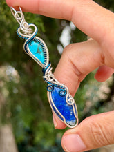 Load image into Gallery viewer, Kingman turquoise + lapis lazuli double decker wire wrapped pendant necklace
