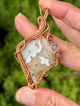 Load image into Gallery viewer, Artisan cab (positive rock) white plume agate with amethyst + aquamarine gem accents wire wrapped pendant necklace
