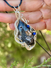 Load image into Gallery viewer, ARTISAN CAB (flintstone cabs) Marcasite in black agate with lapis lazuli + pyrite gem accents wire wrapped pendant necklace
