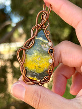 Load image into Gallery viewer, Artisan cab (positive rocks) Bumblebee Jasper with citrine + onyx gem accent wire wrapped pendant necklace
