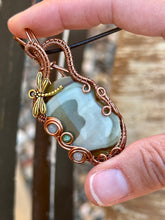 Load image into Gallery viewer, DESIGNER STONE polychrome jasper with aquamarine + zoisite inclusions Wire wrapped pendant
