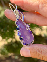 Load image into Gallery viewer, Purple onyx (dyed) with lapis lazuli + aquamarine gem accents wire wrapped pendant necklace
