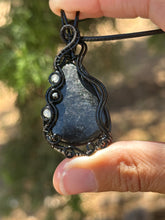 Load image into Gallery viewer, Hypersthene with labradorite + onyx gem accents wire wrapped pendant necklace

