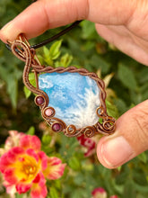 Load image into Gallery viewer, ARTISAN cab (flintstone studio) Aurora Opal Plume Agate Doublet with Ruby + Rhodonite inclusions wire wrapped pendant talisman necklace

