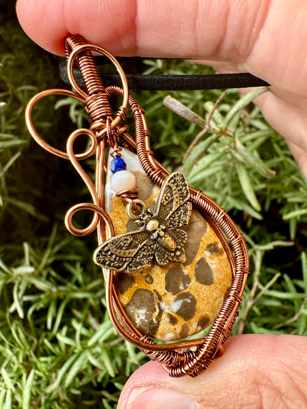 Reserved for Brandi t Tiger Skin Jasper with Lapis Lazuli Gem Inclusions Wire Wrapped Pendent Necklace