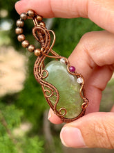 Load image into Gallery viewer, Aquamarine with white topaz + ruby gem accents wire wrapped pendant necklace
