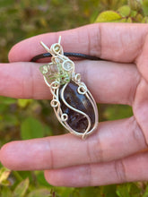 Load image into Gallery viewer, Turkish stick agate “pumpkin” with fluorite + prehnite gem inclusions wire wrapped pendant necklace
