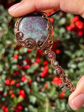 Load image into Gallery viewer, Ruby in kyanite with Ruby and blue kyanite gem accents wire wrapped pendant key necklace
