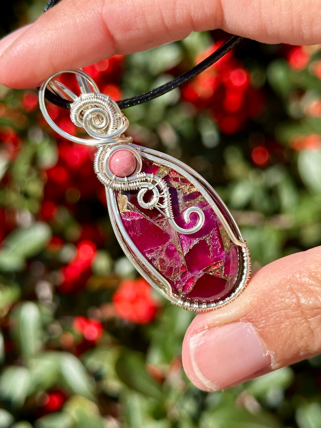 Pink Mosaic Agate with Rhodonite gem accents wire wrapped pendant necklace