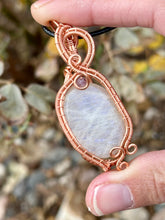 Load image into Gallery viewer, Moonstone with amethyst inclusion Wire wrapped pendant
