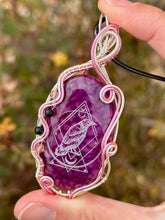 Load image into Gallery viewer, DUO TONED WIRE + DESIGNER STONE (etched by Marina Rabinskaya) Dragon Vein Agate with strawberry quartz + onyx inclusions Wire wrapped pendant
