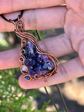 Load image into Gallery viewer, Amethyst cluster with sodalite + lepidolite inclusions wire wrapped pendant talisman necklace
