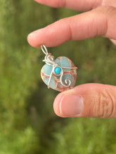 Load image into Gallery viewer, Sea sediment jasper with turquoise gem accent heart mini wire wrapped pendant necklace
