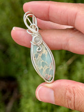 Load image into Gallery viewer, Sea sediment jasper with selenite gem accents wire wrapped pendant necklace
