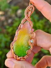 Load image into Gallery viewer, Artisan cab (positive rocks) rainbow dragon vein agate with rhodonite, citrine, green aventurine, green mica gem accents wire wrapped pendant necklace
