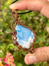 Load image into Gallery viewer, ARTISAN cab (flintstone studio) Aurora Opal Plume Agate Doublet with Ruby + Rhodonite inclusions wire wrapped pendant talisman necklace
