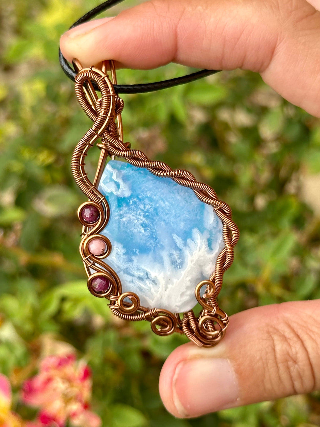 ARTISAN cab (flintstone studio) Aurora Opal Plume Agate Doublet with Ruby + Rhodonite inclusions wire wrapped pendant talisman necklace