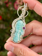 Load image into Gallery viewer, Artisan cab (johari gems) Caribbean calcite with aquamarine + amethyst gem accents wire wrapped pendant necklace
