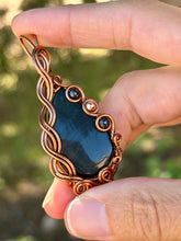 Load image into Gallery viewer, Blue tiger eye with sapphire + hematite gem accents wire wrapped pendant necklace
