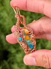 Load image into Gallery viewer, Artisan cab (johari gems) spiny oyster turquoise composite with  turquoise + peach moonstone gem accents wire wrapped pendant necklace
