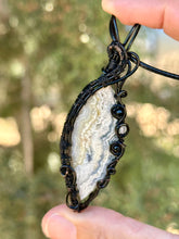 Load image into Gallery viewer, ARTISAN stone (Alisha Stolstig) White crazy lace agate with onyx + rutile quartz gem accents wire wrapped pendant necklace

