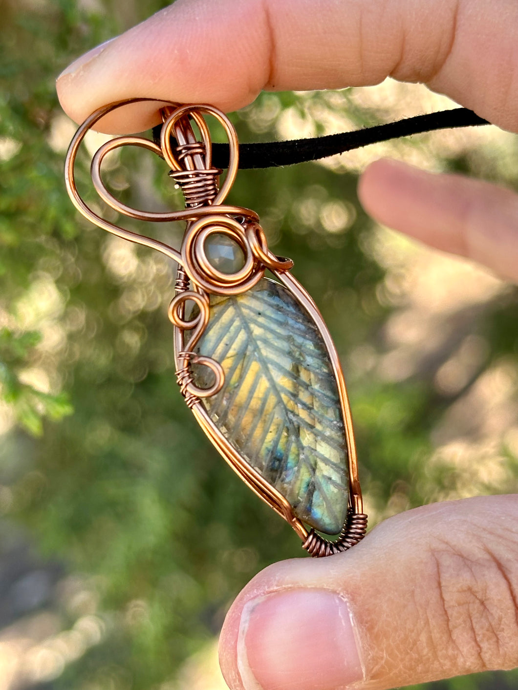 RESERVED FOR KIVA B - CHAIN UPGRADE Labradorite Carved Leaf  Wire Wrapped Pendent Necklace