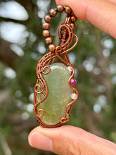 Load image into Gallery viewer, Aquamarine with white topaz + ruby gem accents wire wrapped pendant necklace
