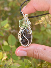 Load image into Gallery viewer, Turkish stick agate “pumpkin” with fluorite + prehnite gem inclusions wire wrapped pendant necklace
