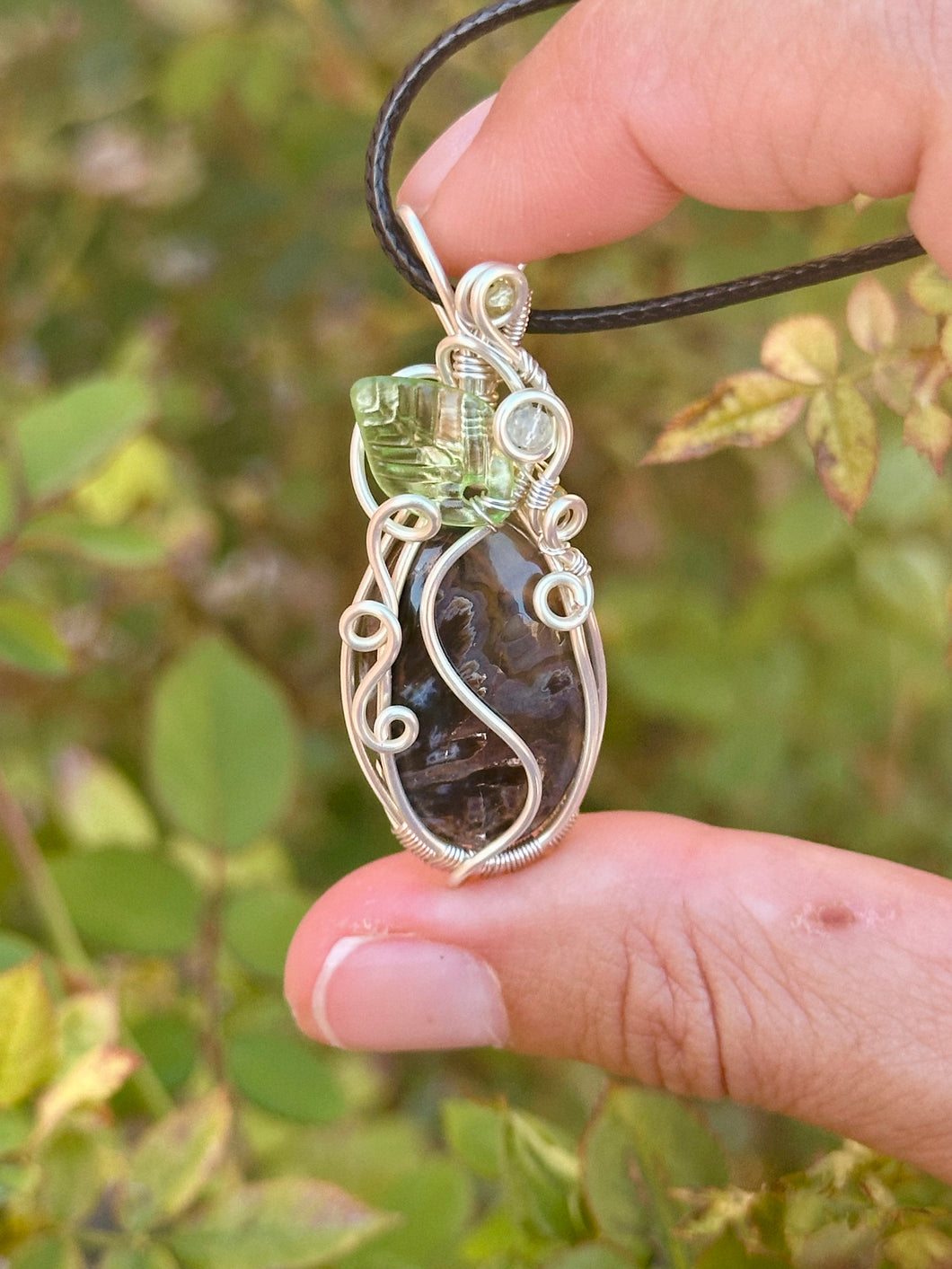 Turkish stick agate “pumpkin” with fluorite + prehnite gem inclusions wire wrapped pendant necklace