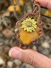 Load image into Gallery viewer, Reserved for ashley k Yellow jasper with prehnite + green aventurine sunflower Wire wrapped pendant
