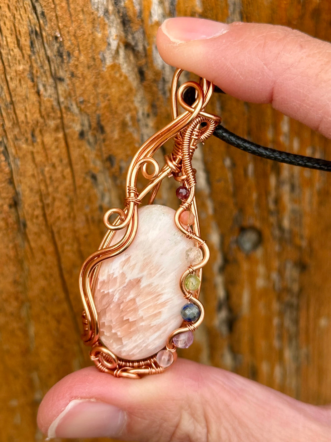 Scolecite with chakra gem stones Wire wrapped pendant