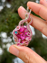 Load image into Gallery viewer, Artisan cab (johari gems) Pink spiny oyster with rhodonite + turquoise gem accents wire wrapped pendant necklace
