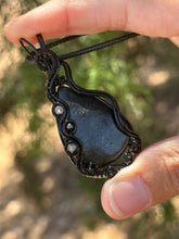 Load image into Gallery viewer, Hypersthene with labradorite + onyx gem accents wire wrapped pendant necklace
