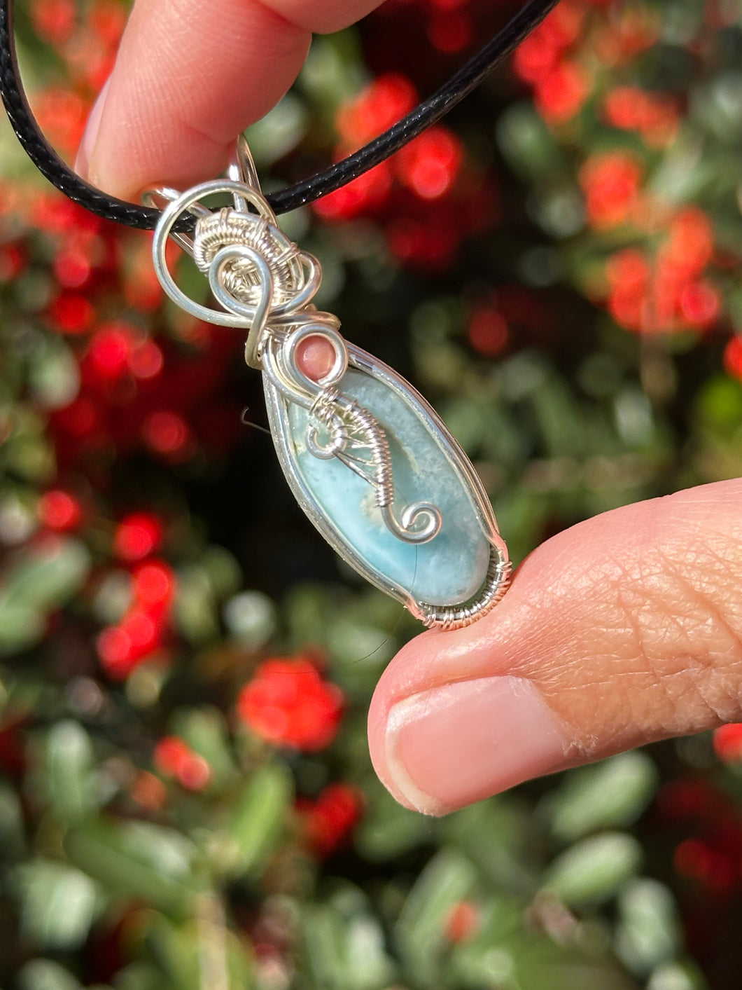 Larimar with Rhodonite gem accent wire wrapped pendant necklace