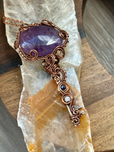 Load image into Gallery viewer, Reserved for Meredith T Trapiche amethyst with lapis lazuli + moonstone inclusions key  Wire wrapped pendant
