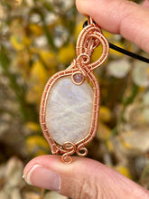 Load image into Gallery viewer, Moonstone with amethyst inclusion Wire wrapped pendant
