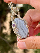 Load image into Gallery viewer, Blue lace agate with amethyst gem accents wire wrapped pendant necklace
