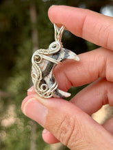 Load image into Gallery viewer, Artisan cab (positive rock) Zebra onyx crescent moon with pyrite gem accent wire wrapped pendant necklace
