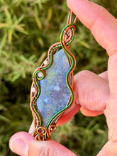 Load image into Gallery viewer, Artisan cab (positive rocks) Indonesian moss agate with rhodochrosite + rose quartz gem accents wire wrapped pendant necklace
