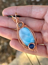 Load image into Gallery viewer, Larimar with blue kyanite + super 7 inclusions wire wrapped pendant necklace talisman
