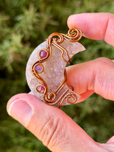 Load image into Gallery viewer, Artisan cab (positive rocks) druzy amethyst moon with ruby + amethyst gem accents wire wrapped pendant necklace
